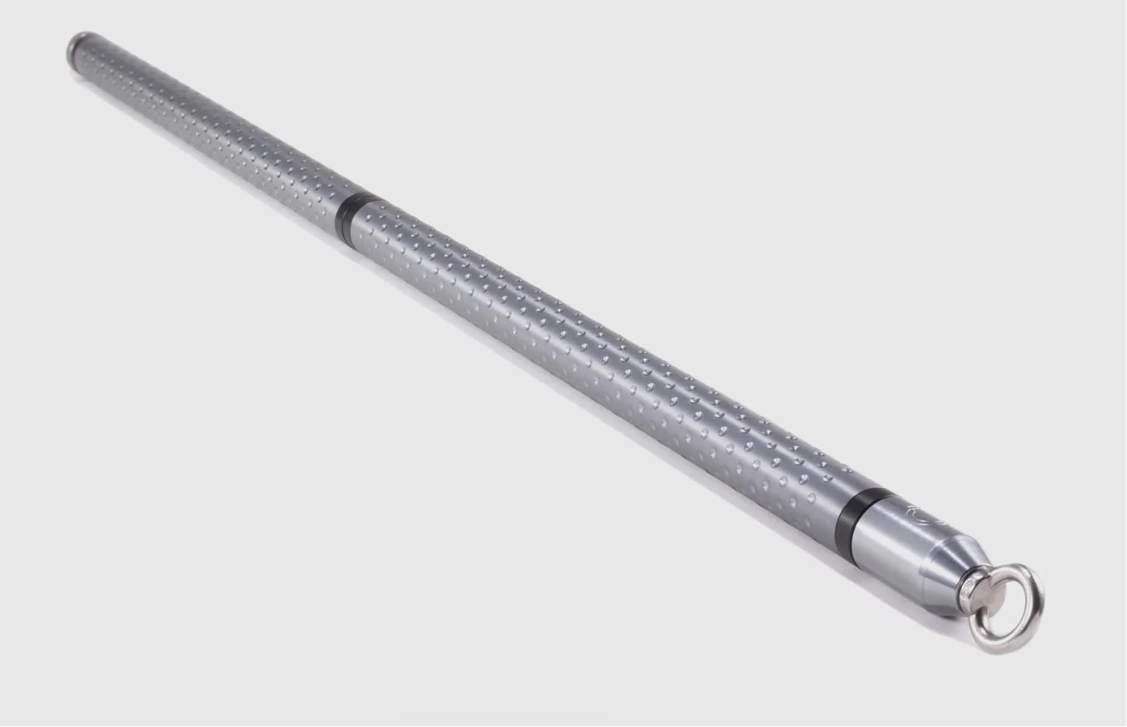 Silver pen with a textured grip on a light gray background